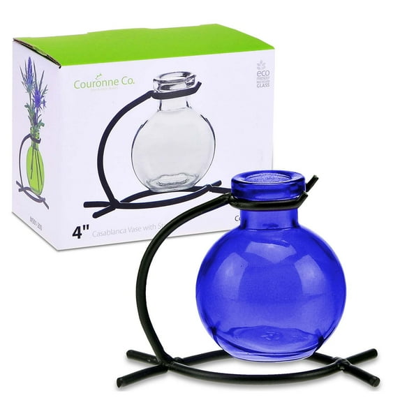 Couronne Co. Casablanca Trio Vase, Recycled Floral Glass Vases for Centerpieces with Metal Stand - Table Top Decor for Home - 3.4 oz - Cobalt Blue