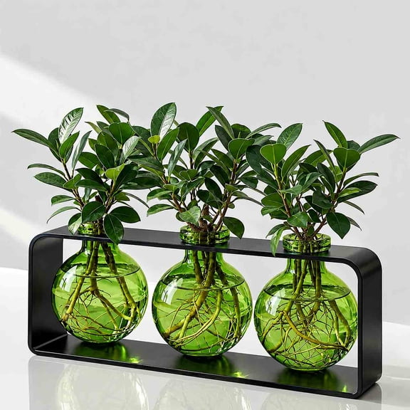 Couronne Co. Trivo Three Recycled Glass Vases with Metal Stand, Table Top Flower Vase Décor - Lime Green