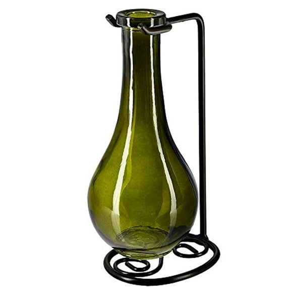 Couronne Company Drop Recycled Glass Vase and Metal Stand, M402-200-22, 8 Inch Tall, 8 Ounce Capacity, Vintage Green