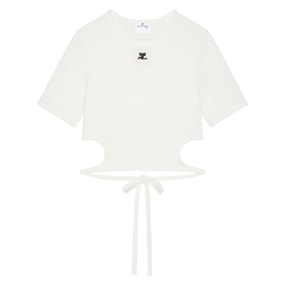 Courrèges Cropped Ribbon Cut-Out Contrast T-Shirt With Tie Detail (Women's)