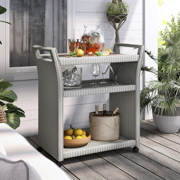Courtnie 3-Shelf Aluminum Outdoor Bar Cart with Caster, Gray and White