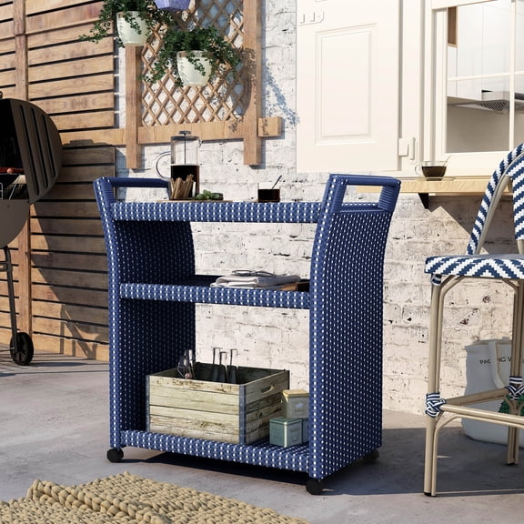 Courtnie 3-Shelf Aluminum Outdoor Bar Cart with Caster, Navy and White