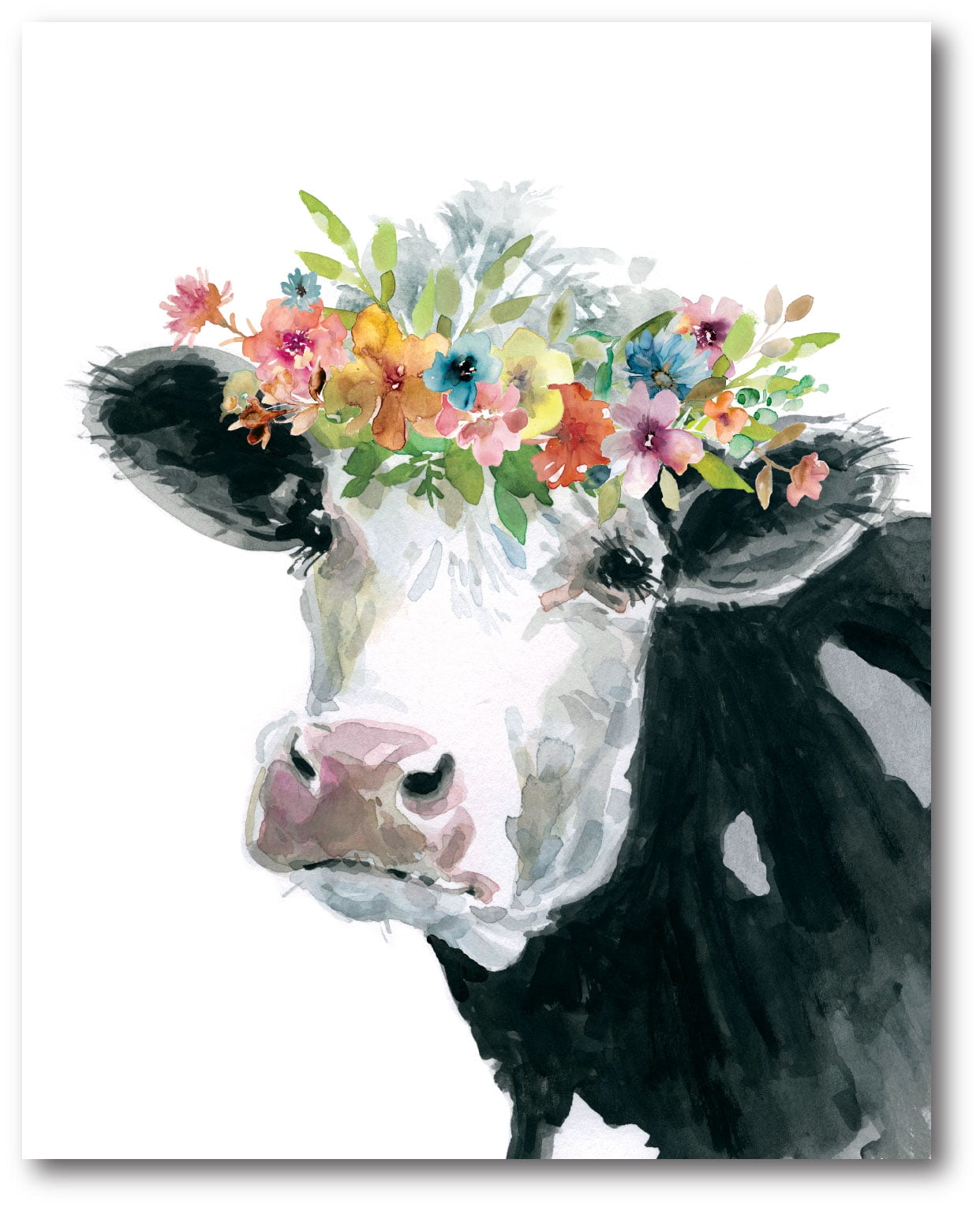 Farmhouse Flower Crown Cow Canvas Wall Art, 16x16