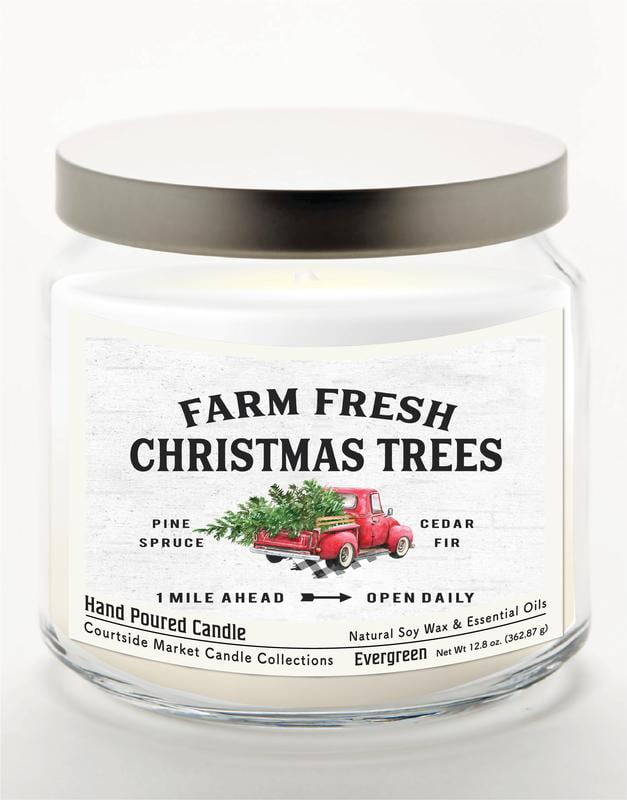 Courtside Market Fresh Farm Trees 12.8 oz Soy Wax Candle in Glass Jar with Silver Lid