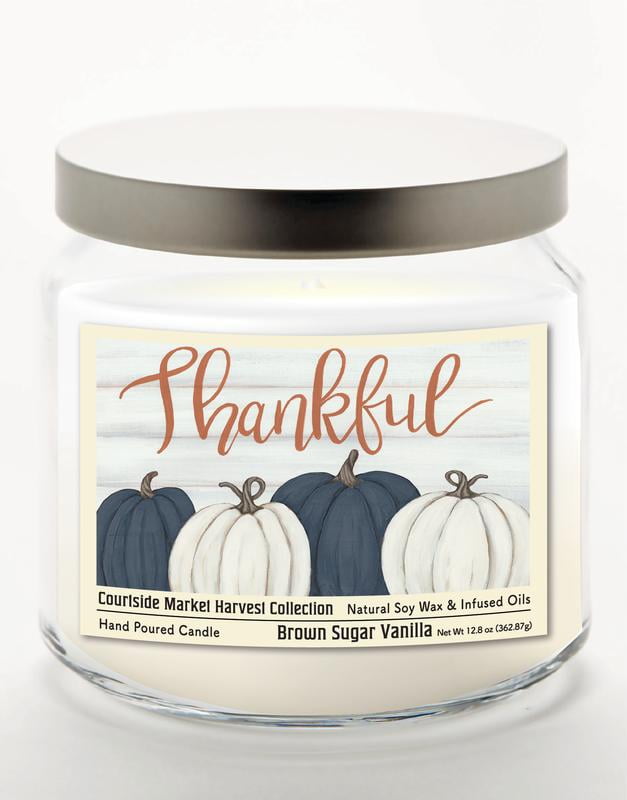 Courtside Market Pumpkin Thankful 12.8 oz Soy Wax Candle in Glass Jar with Silver Lid
