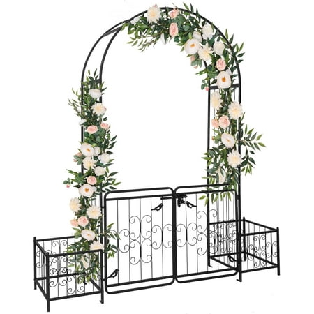 Courtyard Arc Top with Door &Planting Frame,Metal Arbor Arch Door with Gate,Wedding Arches Archway for Ceremony Party Garden Trellis Arbor for Patio Bakcyard Yard Lawn Climbing ,Black Iron