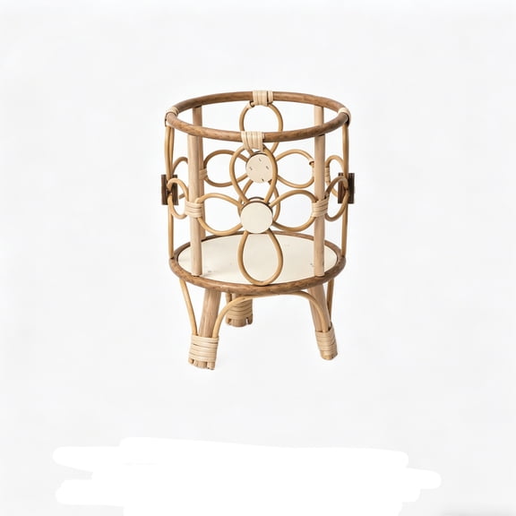 Courtyard Hollow Wooden & Faux Rattan Flower Stand – Boho Plant Shelf for Balcony Garden, Elevated Leg Design, Rustic Home Decor Gift