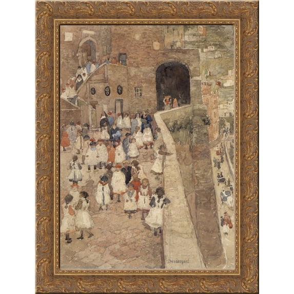 Courtyard Scene, Siena 20x24 Gold Ornate Wood Framed Canvas Art by Prendergast, Maurice