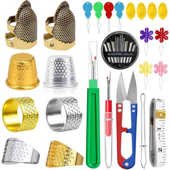 CousDUoBe 25 Pcs Sewing Thimble Kit,thimbles for Hand SewingNeedle threadersSeam Rippers SewingMeasuring Tape and Thread Snips, Embroidery CraftComplete Kit