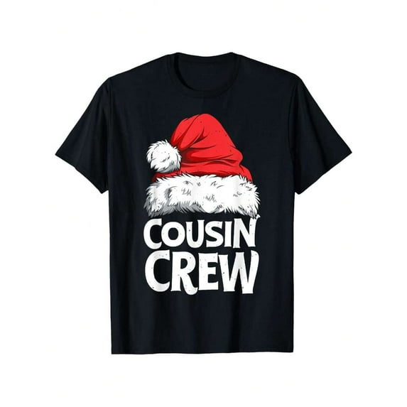 Cousin Crew Christmas T Shirt   Black Short Sleeve Cotton Tee With Santa Hat Design For Family Holiday Gatherings   Comfort Fit Multiple Sizes Available