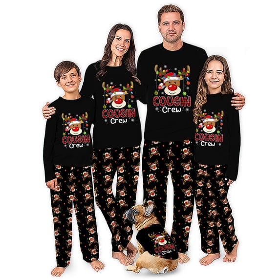 Cousin Crew Reindeer Matching Family Christmas Pajamas With Dog, Black Holiday PJs, Plus Sizes, With Pockets