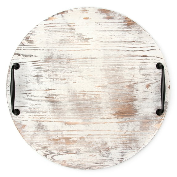 Cousin DIY 18" Round Wood Tray With Metal Handles, White Wash