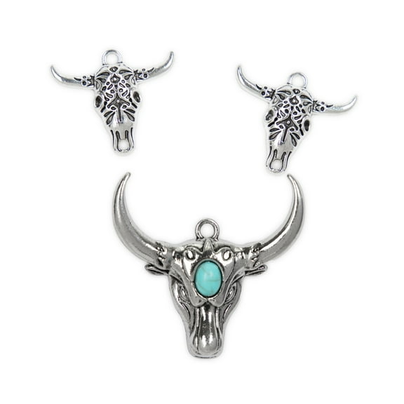 Cousin DIY 3 Piece Steer Head Charms, Silver Finish Metal, Faux Turquoise, Unisex, Adult, 69995704