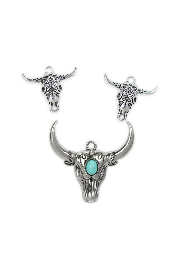 Cousin DIY 3 Piece Steer Head Charms, Silver Finish Metal, Faux Turquoise, Unisex, Adult, 69995704