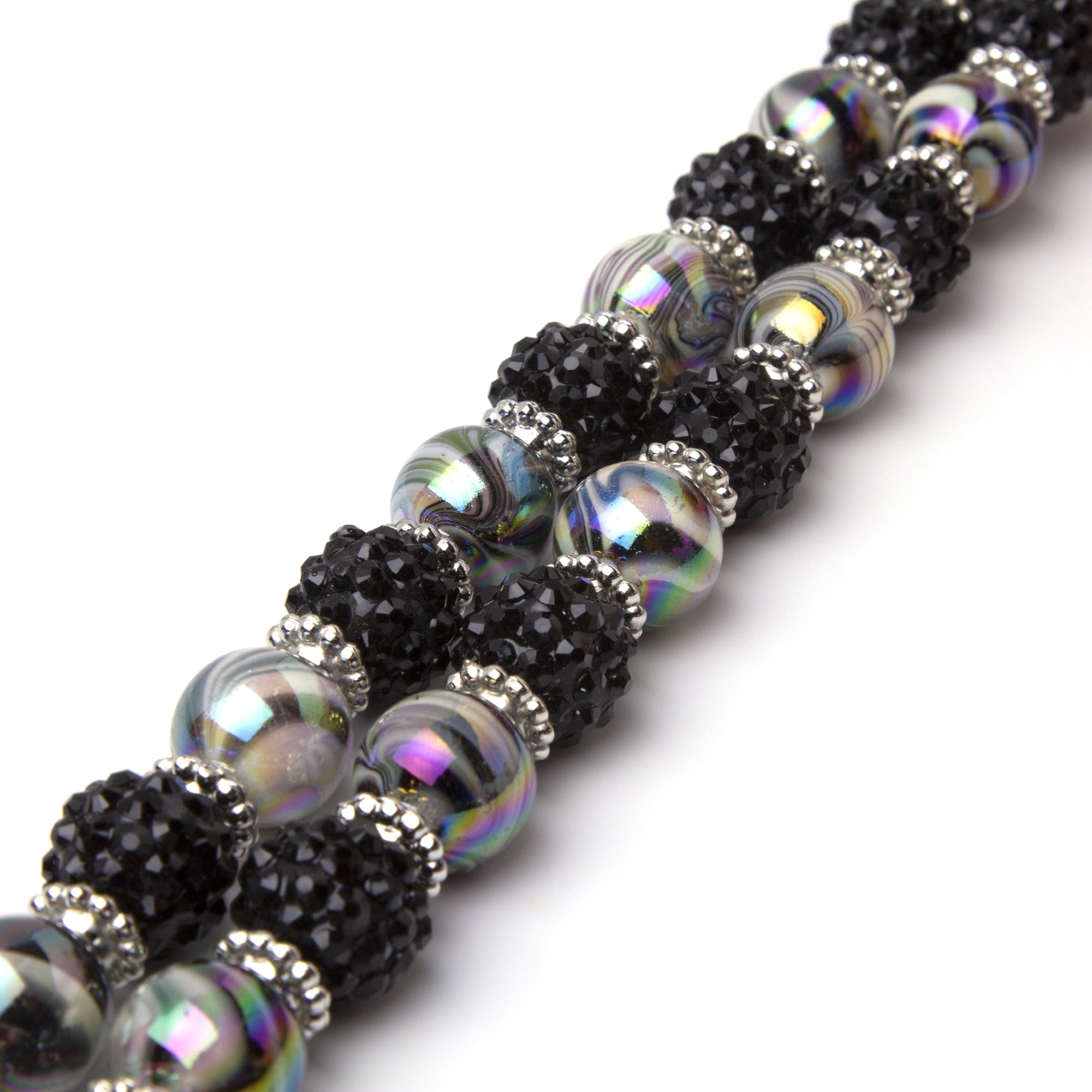 Black and White Luster 4MM Seed Bead Necklace With Gold Blue