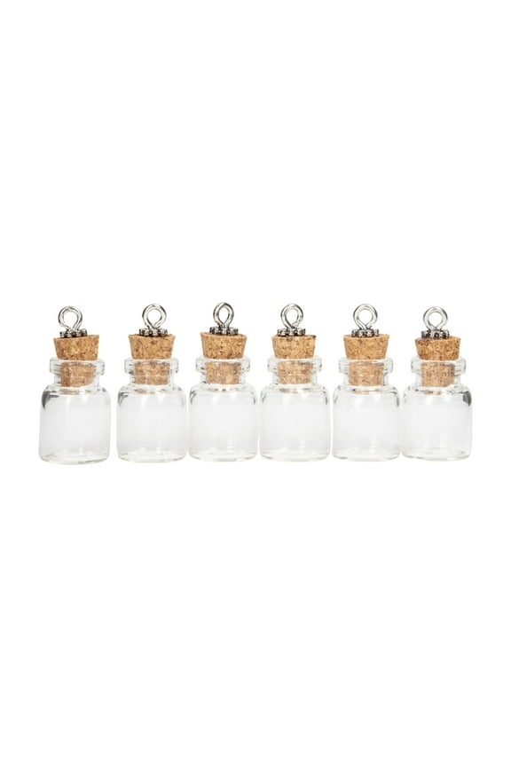 Cousin DIY Clear Glass Mini Bottle Charms with Corks, 6 Piece, Jewelry Making, Adult, Unisex