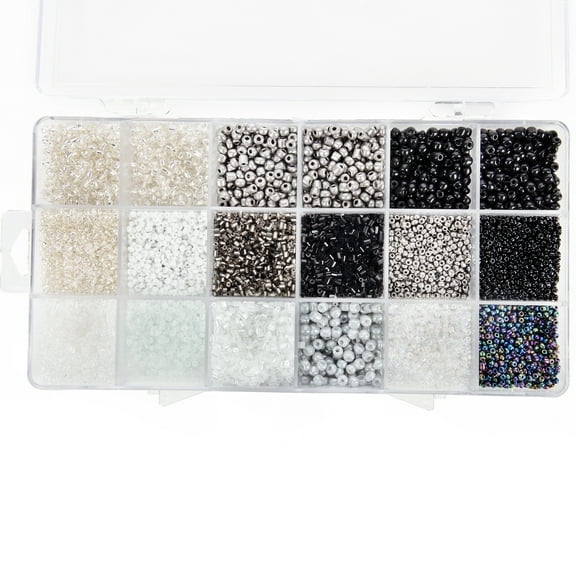 Cousin DIY Glass Seed Bead Bulk Pack, Black/White/Silver, 218g, 10000 Piece, Adult, AJM65022007