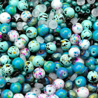 QUEFE 500pcs 8mm Multi Color Acrylic Round Loose Beads in Ink Patterns with 50pcs Spacer Beads and Crystal String for Bracelets Jewelry Making