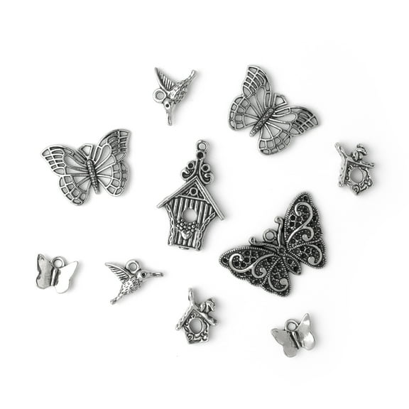 Cousin DIY Matte Silver Metal Butterfly Pendant Charms Set, 10 Pieces, Unisex, Adult