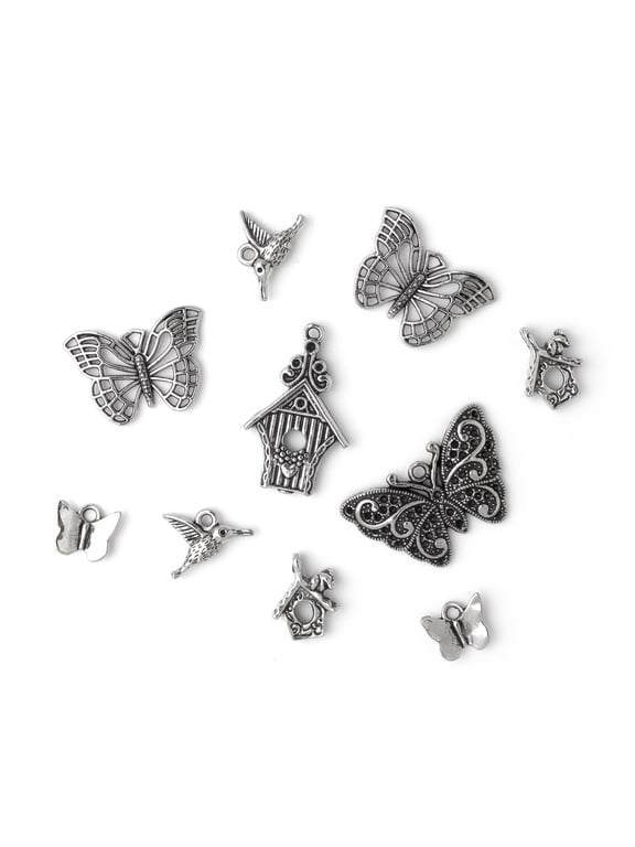 Cousin DIY Matte Silver Metal Butterfly Pendant Charms Set, 10 Pieces, Unisex, Adult