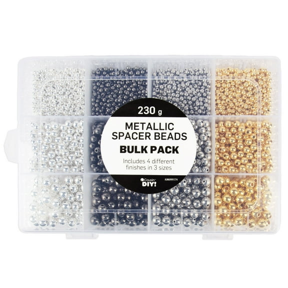 Cousin DIY 3600-Piece Metallic Spacer Bead Assortment with Case 4mm, 6mm & 8mm Silver and Gold Beads for Jewelry Making