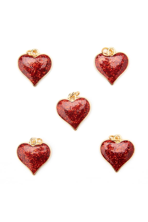 Cousin DIY Red Glitter Heart Charm Set, Gold Finish Metal, Unisex, 5 Piece