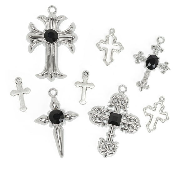 Cousin DIY Silver Cross Charms with Black Stones, 8 Piece, Adult, Unisex, Model 69995696