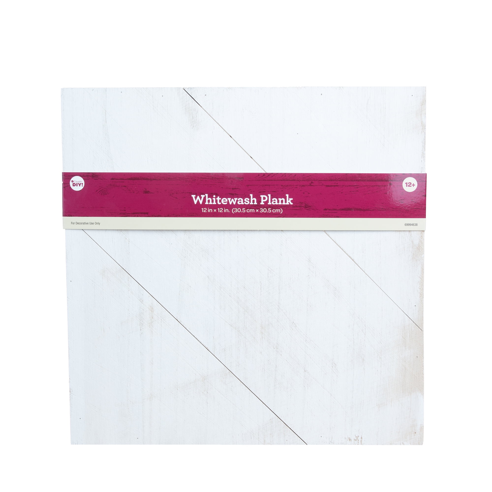 Cousin DIY Whitewashed Diagonal Wood Plank Sign, Modern Farmhouse Style, 12"X12"X1"