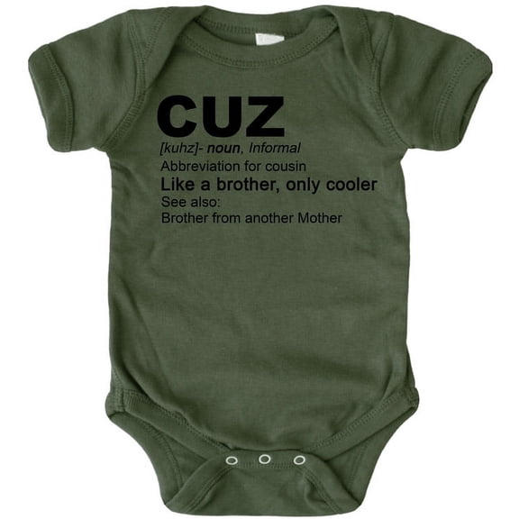 Cousin Matching T-Shirts and Bodysuits Cuz: Like a Brother, Only Cooler Boys Family Fun Outfits Black on Military Green Bodysuit 12 Months