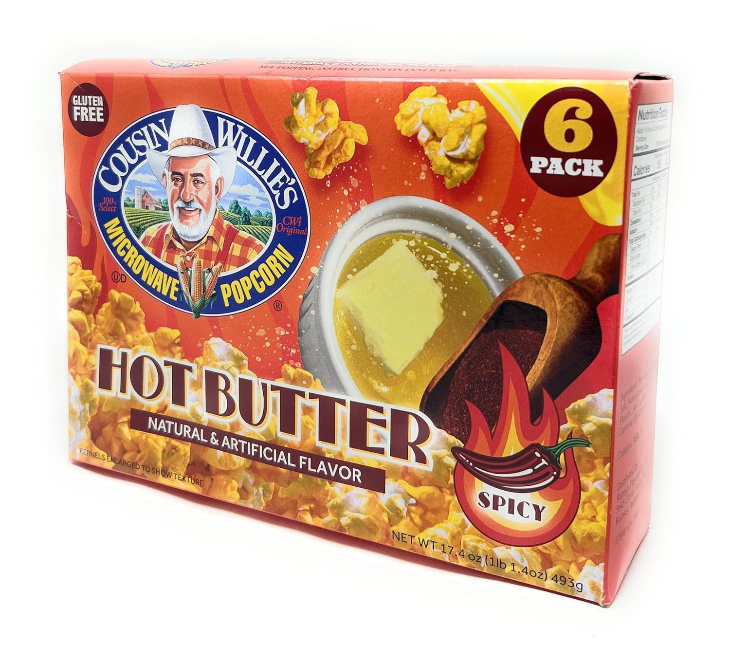 Cousin Willie's Microwave Popcorn Bags Spicy Hot Butter - 6 bags