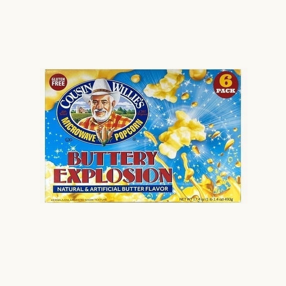Cousin Willie's Microwave Popcorn Buttery Explosion, 2.9 oz Bags, 6 Count, Gluten Free, Non-GMO, Kosher