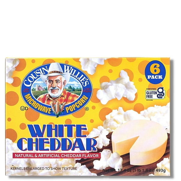 Cousin Willie's Microwave Popcorn YPF5Bags, White Cheddar (6 bags), Gourmet Popcorn Boxes for Party, Whole Grain Popcorn, Gluten Free, Low Calorie Healthy Snack, Made in USA, non-GMO