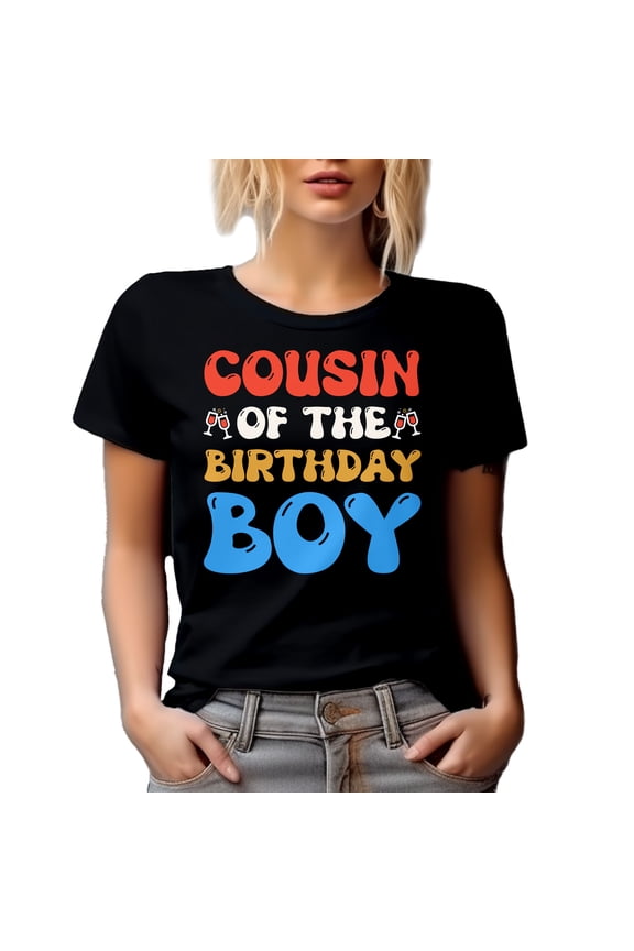 Cousin of the Birthday Boy, Groovy Text, Cousin's B-day, Black T-Shirt, Medium