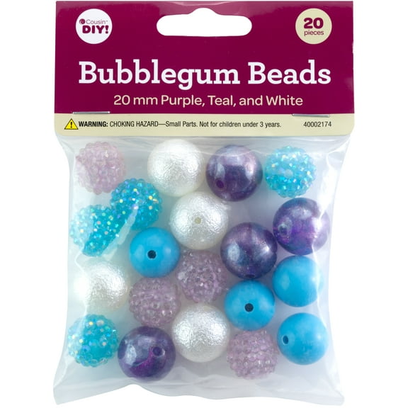 CousinDIY Bubblegum Bead 20mm 20/Pkg-Purple, Teal, White Mix