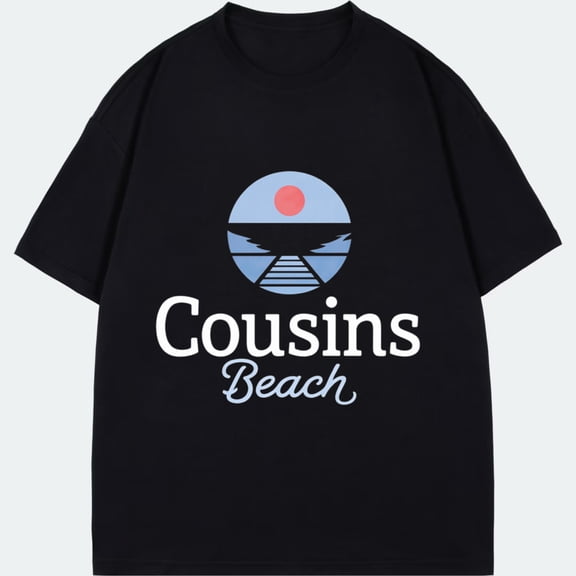 Cousins Beach T Shirt Black Sunset And Ocean Graphic Print Casual Summer Wear