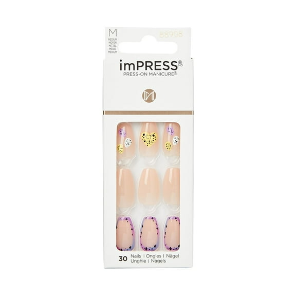 KISS imPRESS No Glue Mani 30 Pcs Press On Nails, Light Neutral, Heart Design Nail, Medium Size, Coffin Shape, Simple Peel & Press Easy Apply, Hassel-Free Removal, Essential Tools Included