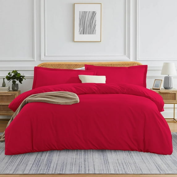 Couture Charm 3 Sided Zipper Closure Duvet Cover 3-Piece Set Unique Design 500-TC Peruvian Pima Cotton, Super King ( 98" x 108" ) (Red, Solid)
