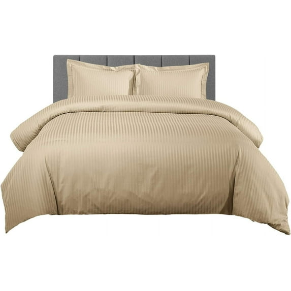 Couture Charm 3 Sided Zipper Closure Duvet Cover 3-Piece Set Unique Design 600-TC Egyptian Cotton, King-XL ( 98" x 116" ) (Beige, Stripe)