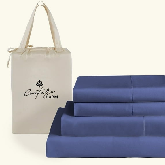 Couture Charm Authentic Heavy Quality 1000-TC Combed Cotton King Size 4-Pcs Sheet Set Fits Upto 23-26" Deep Pocket (Solid, Medium Blue)