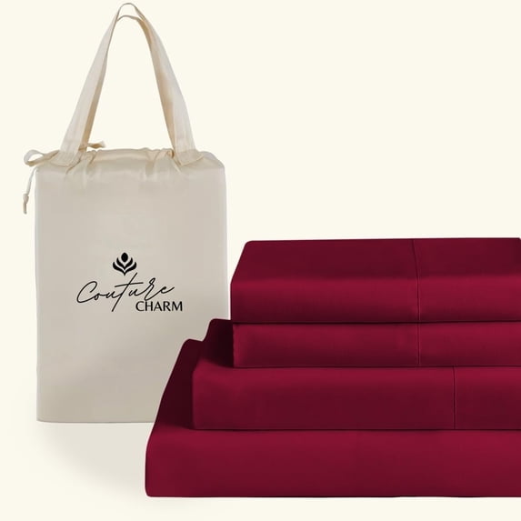 Couture Charm Authentic Heavy Quality 1000-TC Combed Cotton Twin-XL Size 4-Pcs Sheet Set Fits Upto 10-12" Deep Pocket (Solid, Burgundy)
