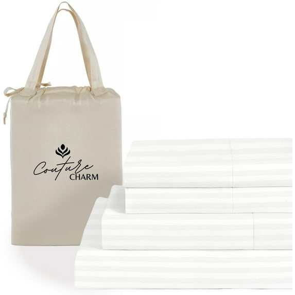 Couture Charm Authentic Heavy Quality 1000-TC Combed Cotton Twin-XL Size 4-Pcs Sheet Set Fits Upto 23-26" Deep Pocket (Stripe, White)