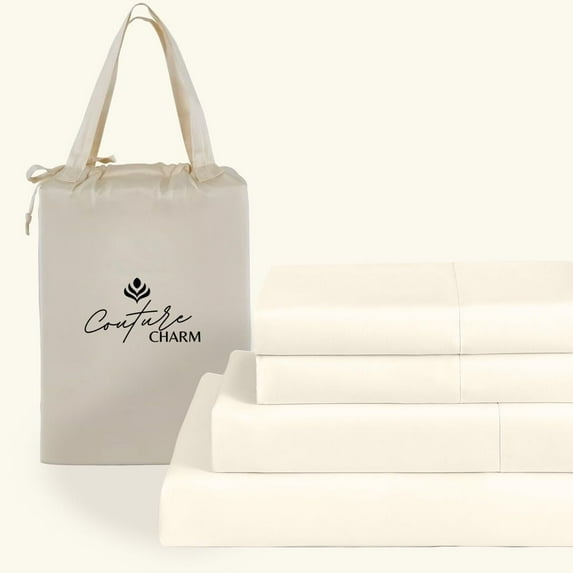 Couture Charm Authentic Heavy Quality 1000-TC Egyptian Cotton King Size 4-Pcs Sheet Set Fits Upto 10-12" Deep Pocket (Solid, Ivory)