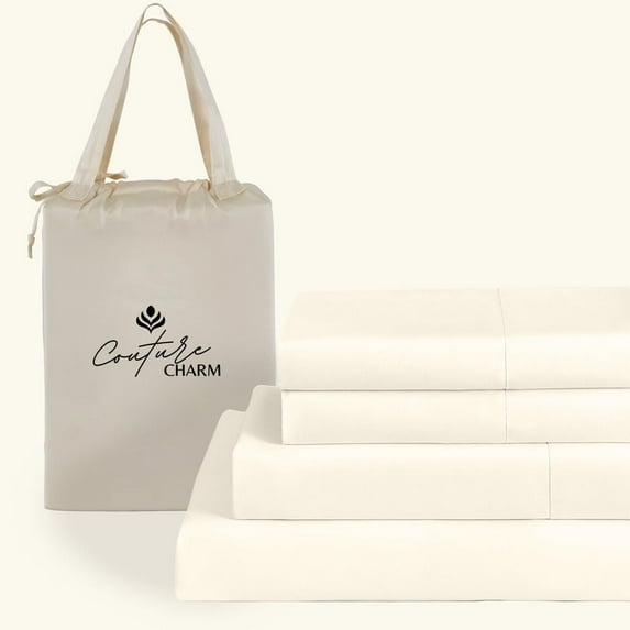 Couture Charm Authentic Heavy Quality 1000-TC Egyptian Cotton King Size 4-Pcs Sheet Set Fits Upto 27-30" Deep Pocket (Solid, Ivory)