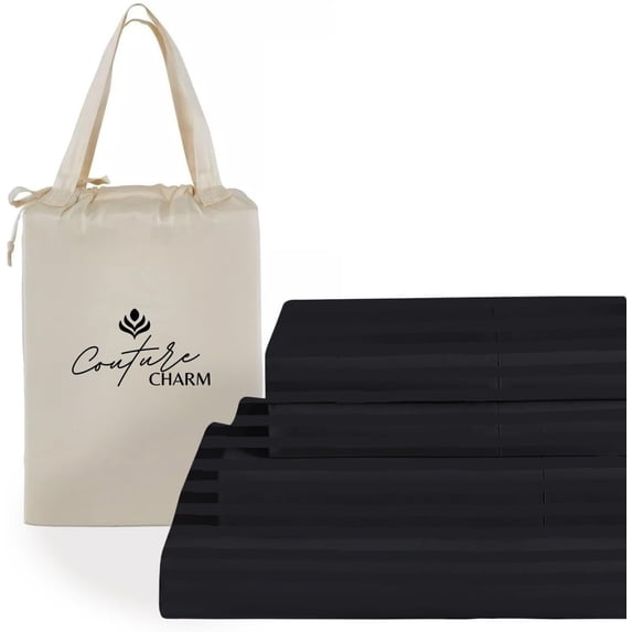 Couture Charm Authentic Heavy Quality 1000-TC Giza Cotton Full Size 4-Pcs Sheet Set Fits Upto 23-26" Deep Pocket (Stripe, Black)