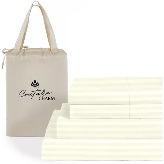 Couture Charm Authentic Heavy Quality 1000-TC Giza Cotton Full Size 4-Pcs Sheet Set Fits Upto 27-30" Deep Pocket (Stripe, Ivory)