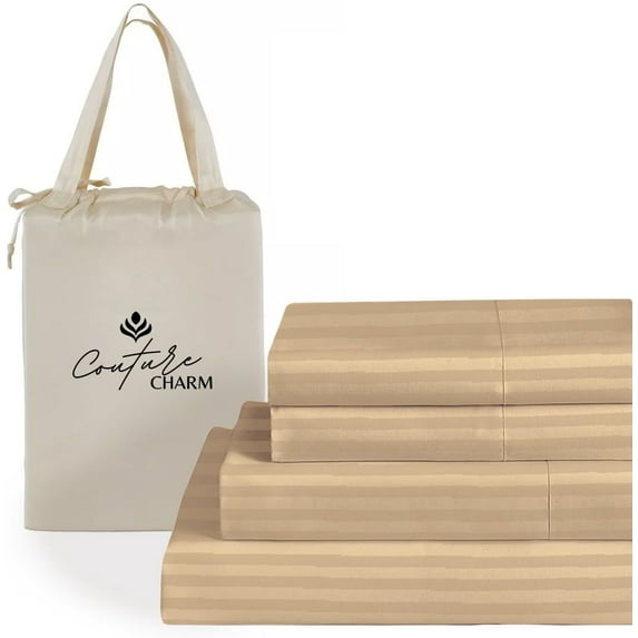Couture Charm Authentic Heavy Quality 1000-TC Giza Cotton Queen Size 4-Pcs Sheet Set Fits Upto 14-18" Deep Pocket (Stripe, Taupe)