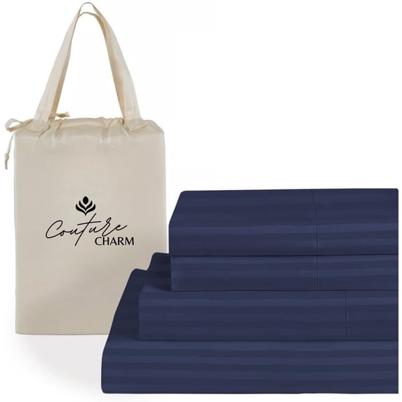 Couture Charm Authentic Heavy Quality 1000-TC Giza Cotton Queen Size 4-Pcs Sheet Set Fits Upto 6-9" Deep Pocket (Stripe, Navy Blue)