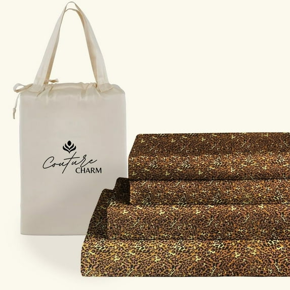 Couture Charm Authentic Heavy Quality 1000-TC Peruvian Pima Cotton Full Size 4-Pcs Sheet Set Fits Upto 27-30" Deep Pocket (Leopard Print)