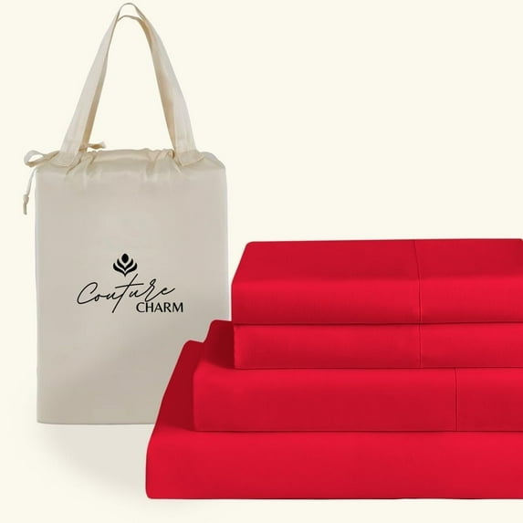 Couture Charm Hotel Luxury 500-TC Giza Cotton California King Size 4-Pcs Sheet Set Fits Upto 27-30" Deep Pocket (Solid, Red)