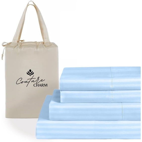 Couture Charm Hotel Luxury 500-TC Giza Cotton Emperor Size 4-Pcs Sheet Set Fits Upto 27-30" Deep Pocket (Stripe, Light Blue)